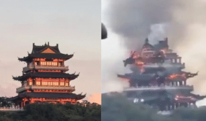 চীনা মন্দিরে অগ্নিকাণ্ড, পর্যটকের মোমবাতি-ধূপ থেকে পুড়ে ছাই Wenchang Pavillion-এর মূল অংশ