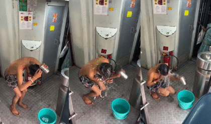 ‘রিল’-এর জন্য চরম কাণ্ড, চলন্ত ট্রেনের ব্যস্ত করিডরে বালতি নিয়ে স্নান, আরপিএফ-এর হাতে পাকড়াও যুবক