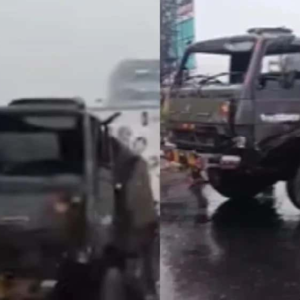 বৃষ্টিই কি হলো কাল? মা উড়ালপুলের সায়েন্স সিটি মোড়ে দুমড়ে-মুচড়ে গেল মিলিটারি ট্রাক, ব্যাহত যান চলাচল